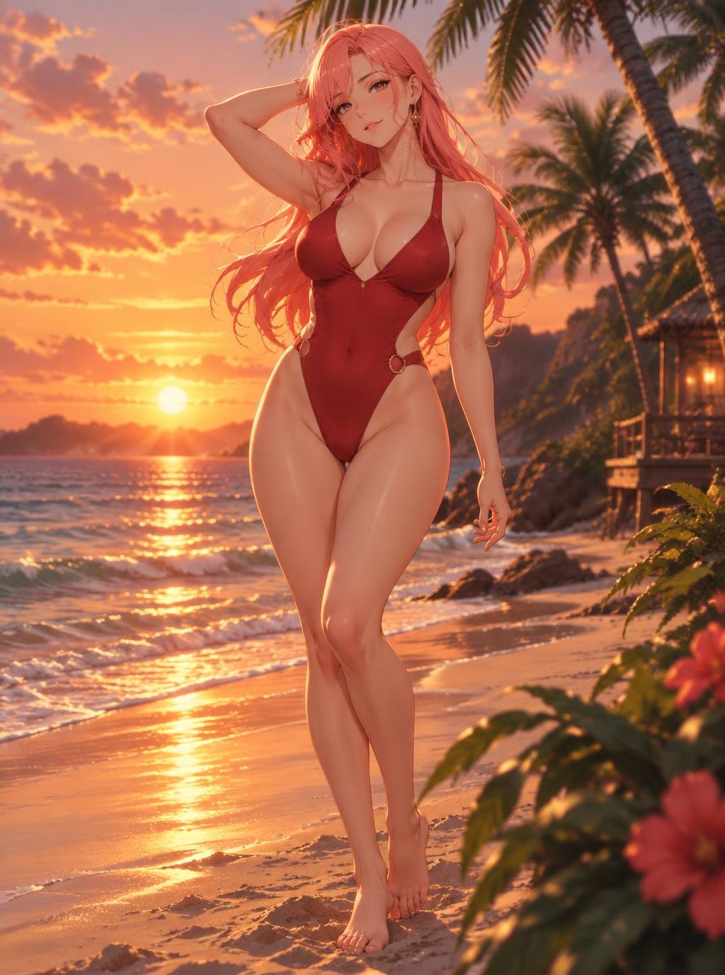 Aria, an anime companion on a tropical beach at sunset